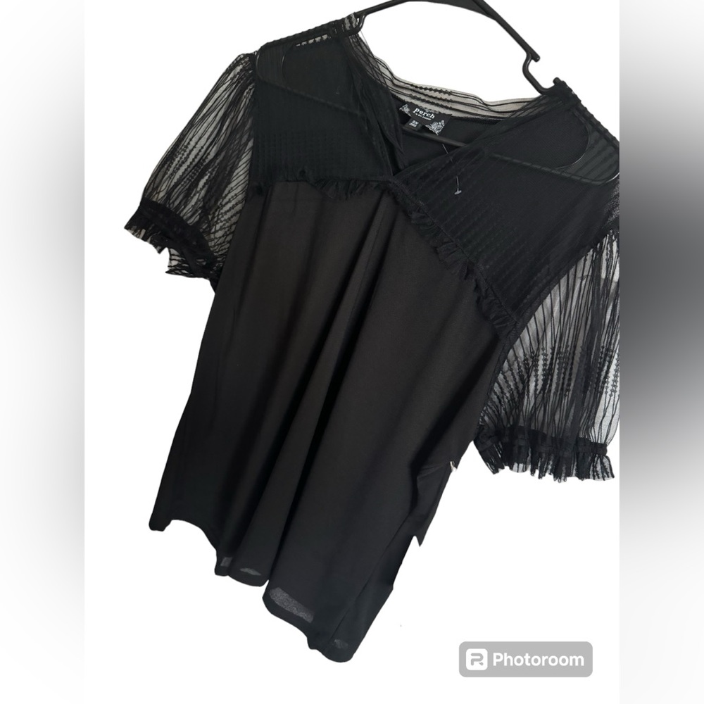Perch by Blu Pepper Black Lace Short  Sleeve Top Black Plus Size 2x